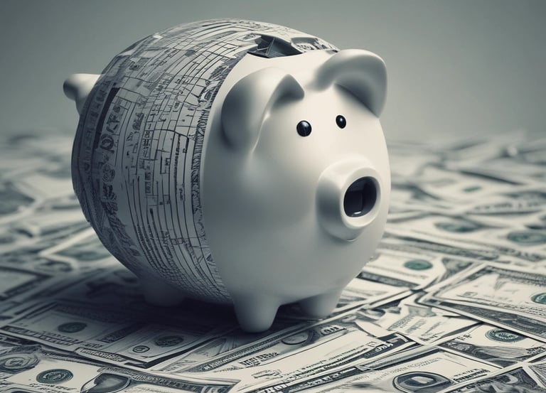Piggy bank partially wrapped in financial documents, surrounded by scattered dollar bills, symbolizing IT cost reduction and procurement savings strategies.