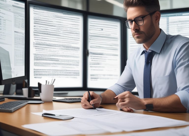 Business professional reviewing documents and analyzing data on multiple computer screens, illustrating IT procurement consulting and cost reduction strategies.
