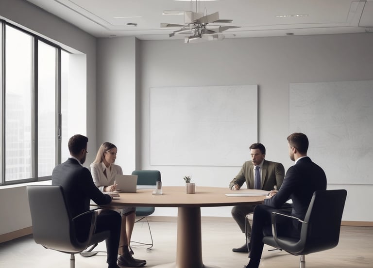 Business meeting in modern office setting, four professionals discussing procurement strategies at a round table, laptop and documents on the table, emphasizing contract negotiation and vendor selection process.