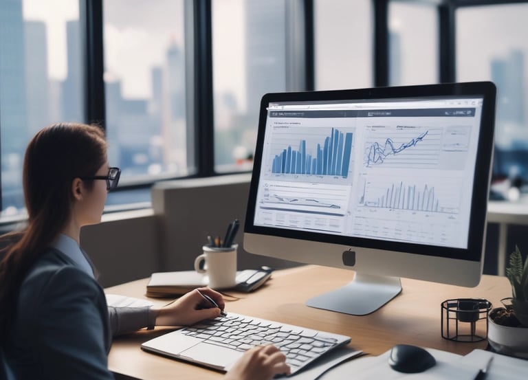 Business professional analyzing data on a computer screen displaying performance metrics and graphs in a modern office setting.